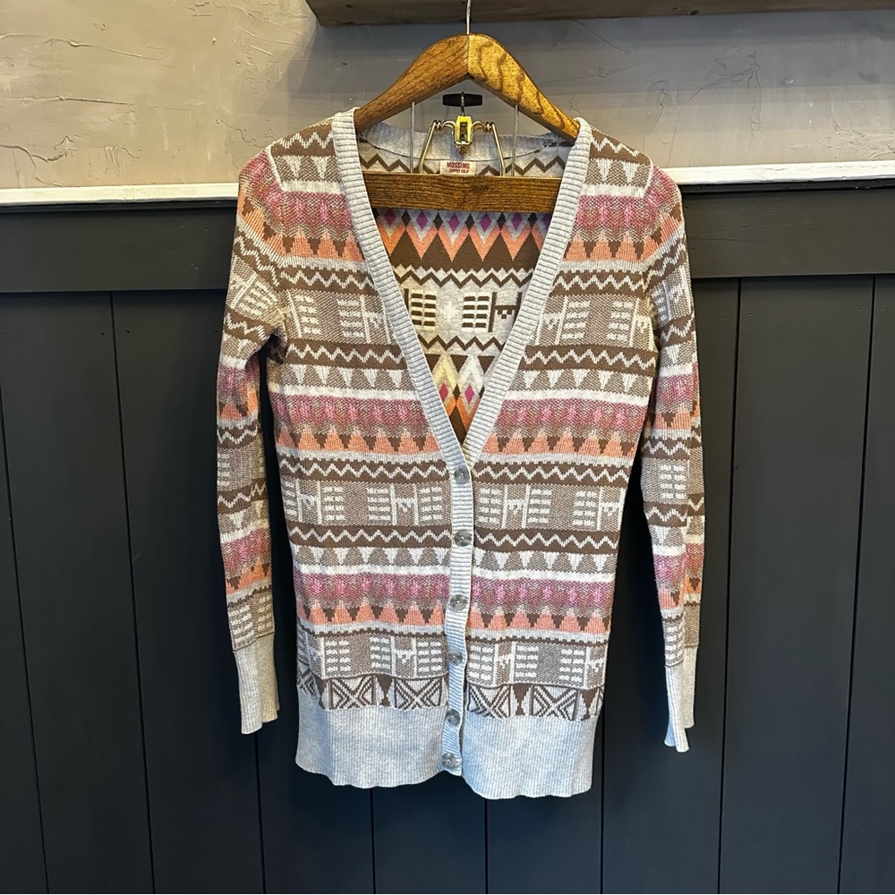 Mossimo Supply Co. Gray Brown Pink Peach‎ Aztec Boho Button Cardigan Medium